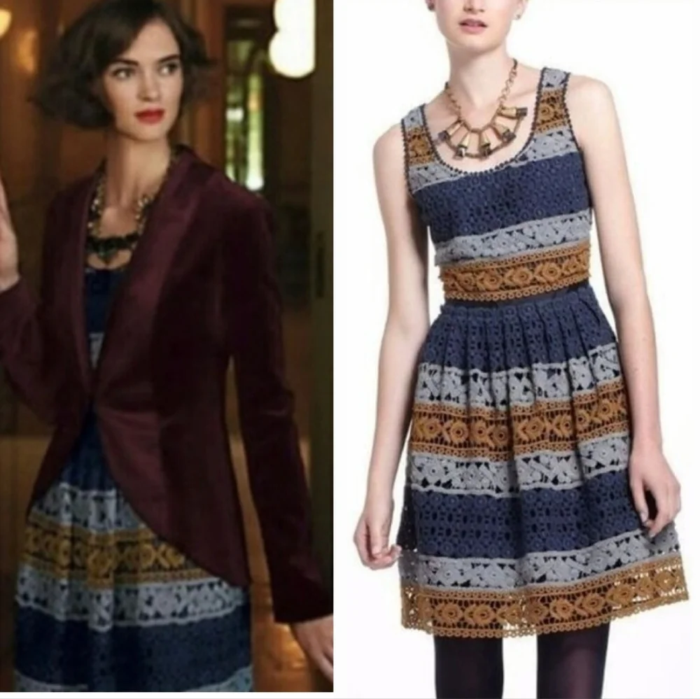 Maeve Crochet Mini Dress Gold Blue Striped Anthropologie Maeve Knit Lace 0